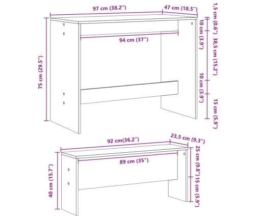 Set mesa y banco de comedor 3 pzas madera de ingeniería blanco