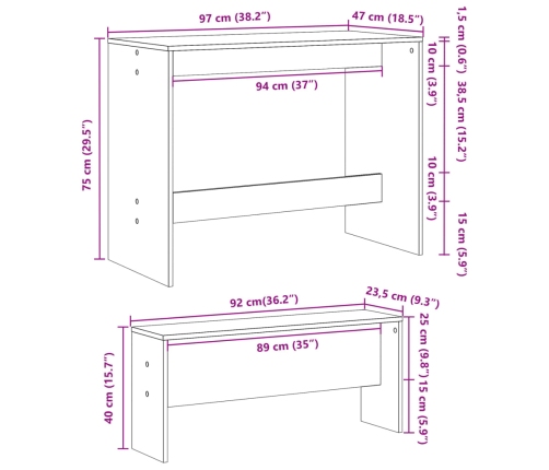 Set mesa y banco de comedor 3 pzas madera de ingeniería negro