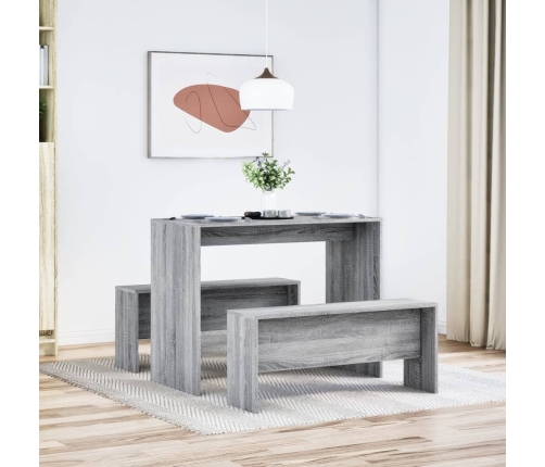 Mesa y bancos de comedor 3 piezas madera ingeniería gris Sonoma