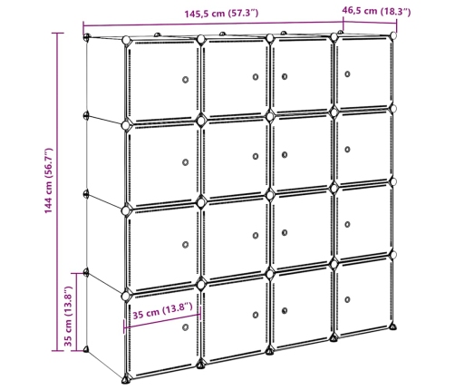 Cubo organizador almacenamiento 16 cubos y varillas colgar PP