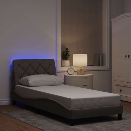 Estructura cama con LED sin colchón tela gris taupe 90x190 cm