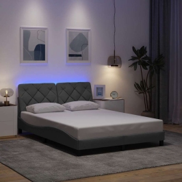 Estructura cama con LED sin colchón tela gris claro 140x190 cm