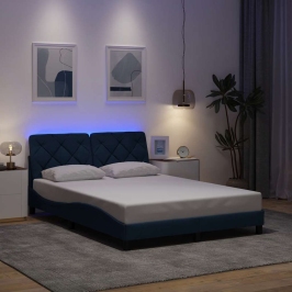 Estructura de cama con LED sin colchón tela azul 140x200 cm