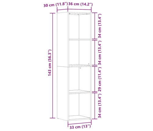 Estantería de madera ingeniería madera envejecida 36x30x143 cm