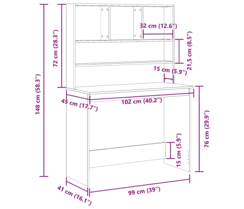 Escritorio estantes madera ingeniería envejecida 102x45x148 cm