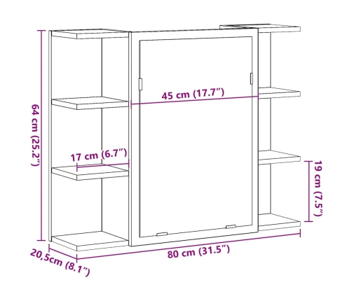 Armario de espejo de baño contrachapada envejecida 80x20,5x64cm