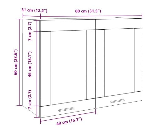 Armario colgante vidrio madera ingeniería envejecida 80x31x60cm