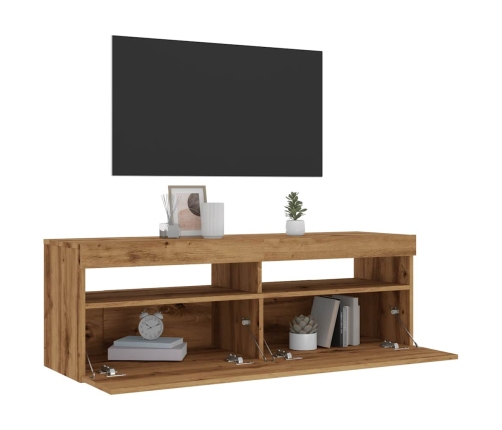 Mueble de TV luces LED madera roble artisan 120x35x40 cm