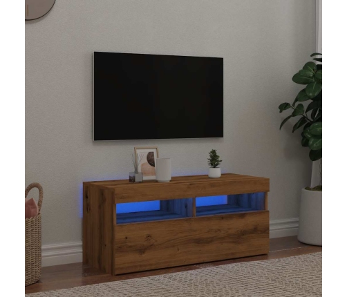 Mueble de TV luces LED madera roble artisan 90x35x40 cm