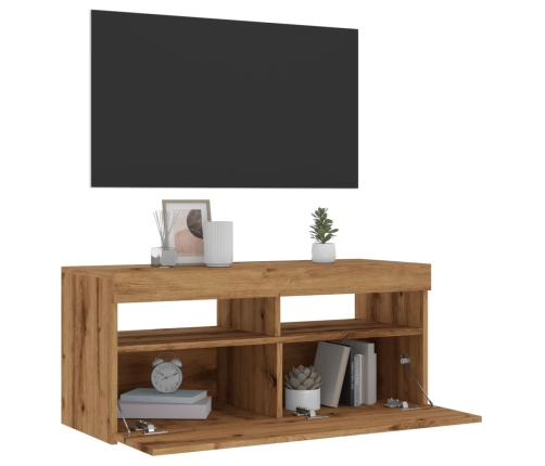 Mueble de TV luces LED madera roble artisan 90x35x40 cm