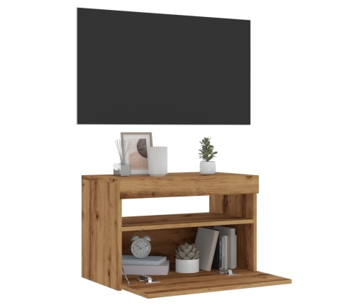 Mueble de TV luces LED madera roble artisan 60x35x40 cm