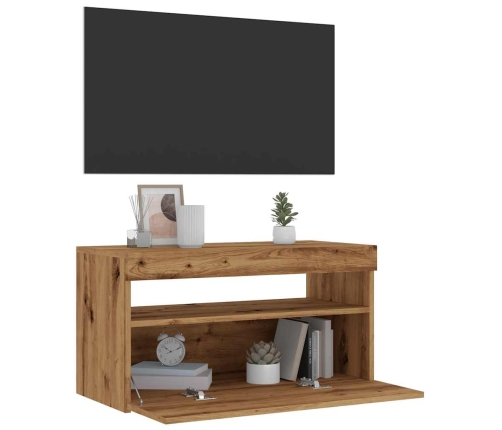 Mueble de TV luces LED madera roble artisan 75x35x40 cm