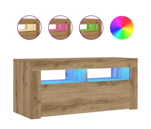 Mueble de TV luces LED madera roble artisan 90x35x40 cm