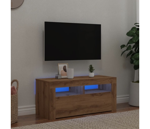 Mueble de TV luces LED madera roble artisan 90x35x40 cm