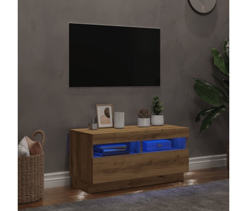 Mueble TV luces LED madera ingeniería roble artisan 80x35x40 cm