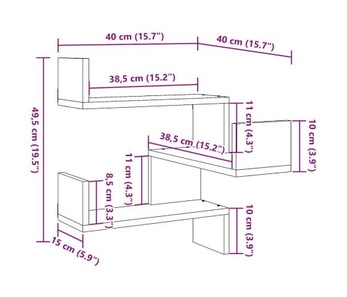 Estantería de pared de esquina madera envejecida 40x40x49,5 cm