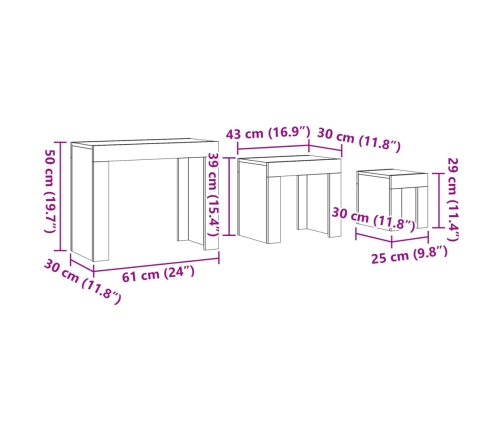 Mesas de centro apilables 3 uds madera de ingeniería envejecida