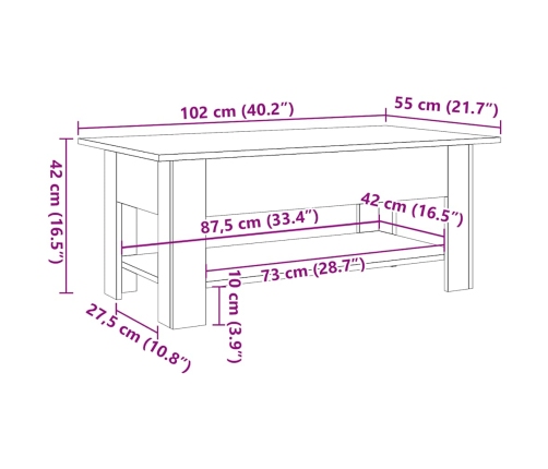 Mesa de centro madera ingeniería madera envejecida 102x55x42 cm