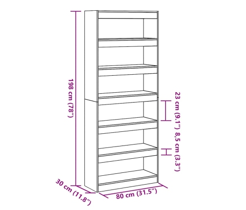 Librería/Biblioteca de madera antigua 80x30x198 cm