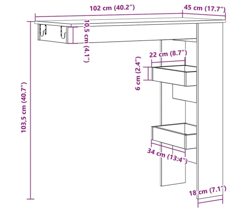 Mesa de bar de pared contrachapada roble artisan 102x45x103,5cm