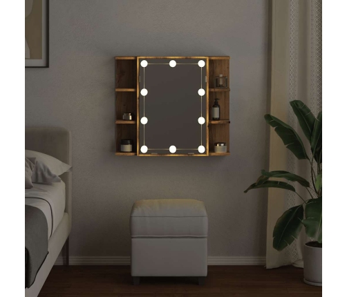 Mueble con espejo y luces LED roble artesanal 70x16,5x60 cm