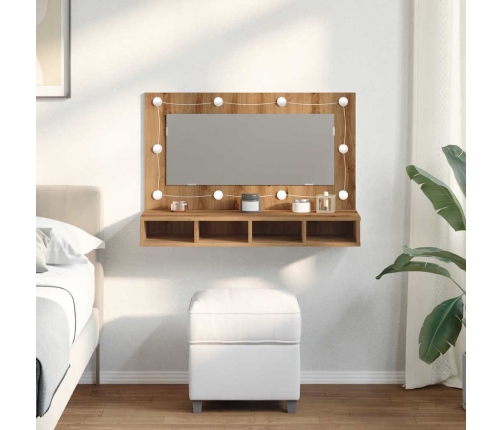 Mueble con espejo y LED roble artesanal 90x31,5x62 cm