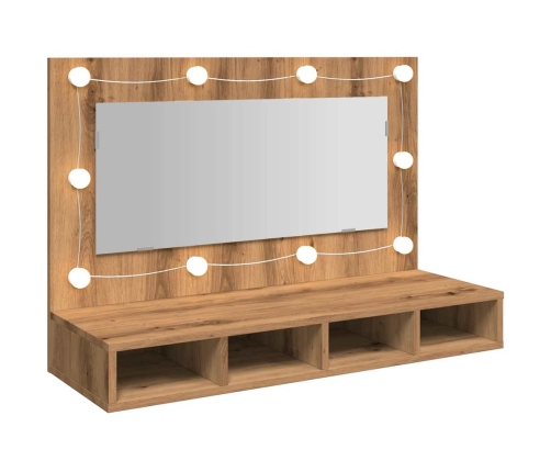 Mueble con espejo y LED roble artesanal 90x31,5x62 cm