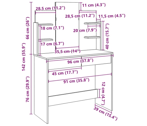 Tocador con espejo roble artisan 96x39x142 cm