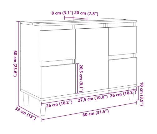 Armario de lavabo madera contrachapada gris hormigón 80x33x60cm