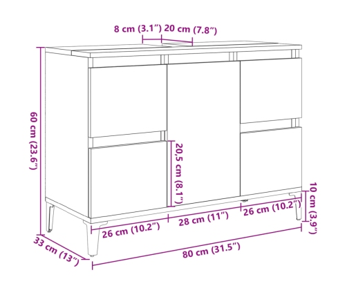 Armario de lavabo madera contrachapada gris hormigón 80x33x60cm