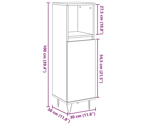 Armario de baño madera contrachapada gris hormigón 30x30x100 cm