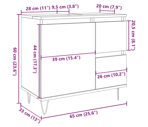 Mueble de lavabo madera ingeniería gris hormigón 65x33x60 cm