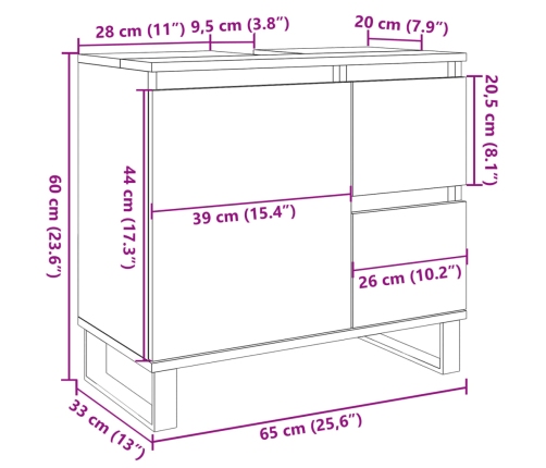 Mueble de lavabo madera ingeniería gris hormigón 65x33x60 cm