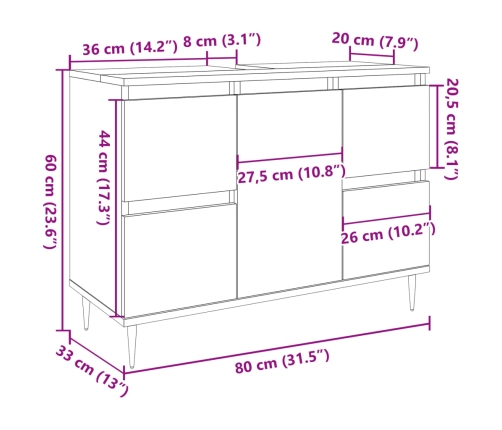 Mueble de baño madera de ingeniería gris hormigón 80x33x60 cm