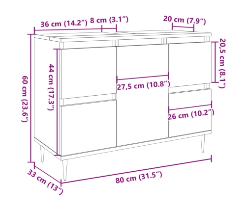 Mueble de baño madera de ingeniería roble artisan 80x33x60 cm