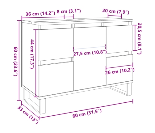 Mueble de lavabo madera de ingeniería gris hormigón 80x33x60 cm