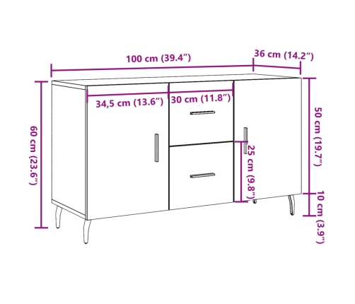 Aparador de madera de ingeniería roble artisian 100x36x60 cm