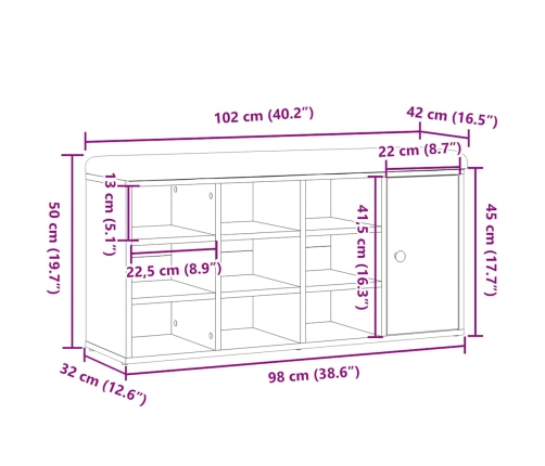 Banco zapatero madera de ingeniería roble artesanal 102x32x50cm