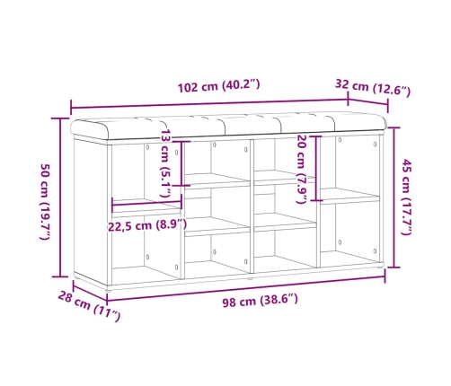 Banco zapatero madera de ingeniería roble artesanal 102x32x50cm