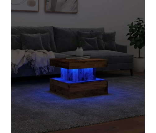 Mesa de centro con luces LED madera envejecida 50x50x40 cm