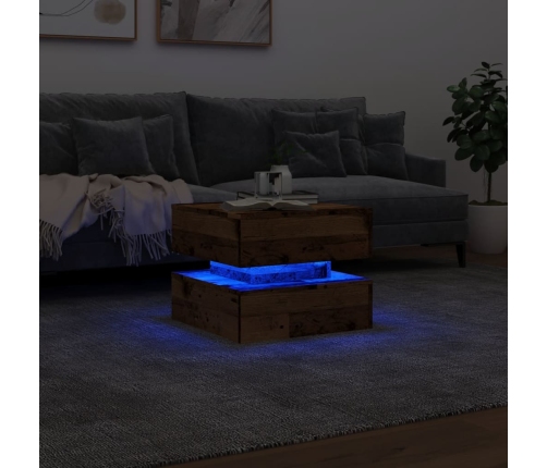 Mesa de centro con luces LED madera envejecida 50x50x40 cm