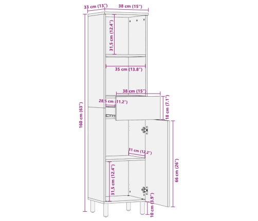 Mueble de baño de madera maciza de mango negro 38x33x160 cm