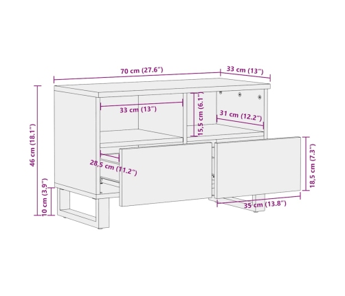 Mueble de TV madera maciza de mango negro 70x33x46 cm