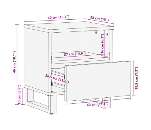 Mesita de noche de madera maciza de mango negra 40x33x46 cm