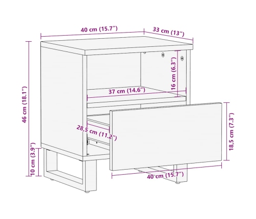 Mesitas de noche 2 uds madera maciza de mango negro 40x33x46 cm