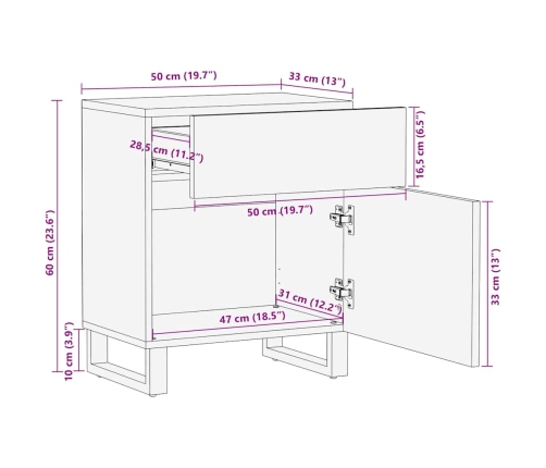 Mesita de noche madera maciza de mango negra 50x33x60 cm