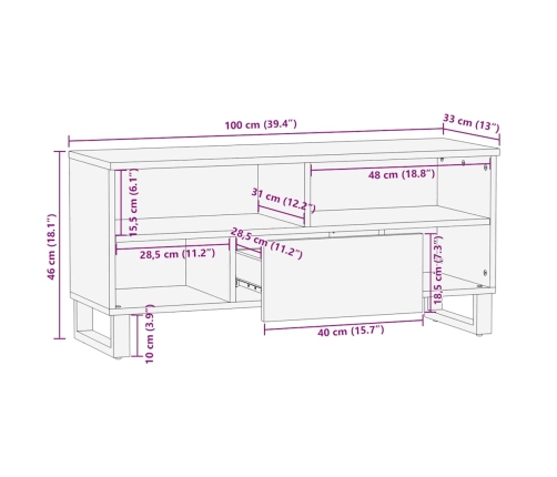 Mueble de TV madera maciza de mango negro 100x33x46 cm