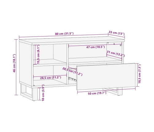 Mueble de TV madera maciza de mango negro 80x33x46 cm