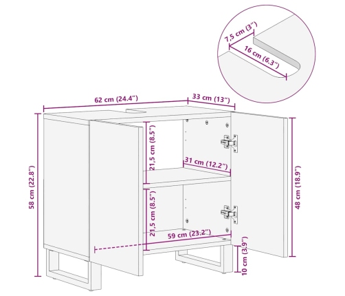 Mueble para lavabo de madera maciza de mango negro 62x33x58 cm