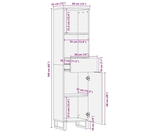 Mueble de baño de madera maciza de mango negro 38x33x160 cm